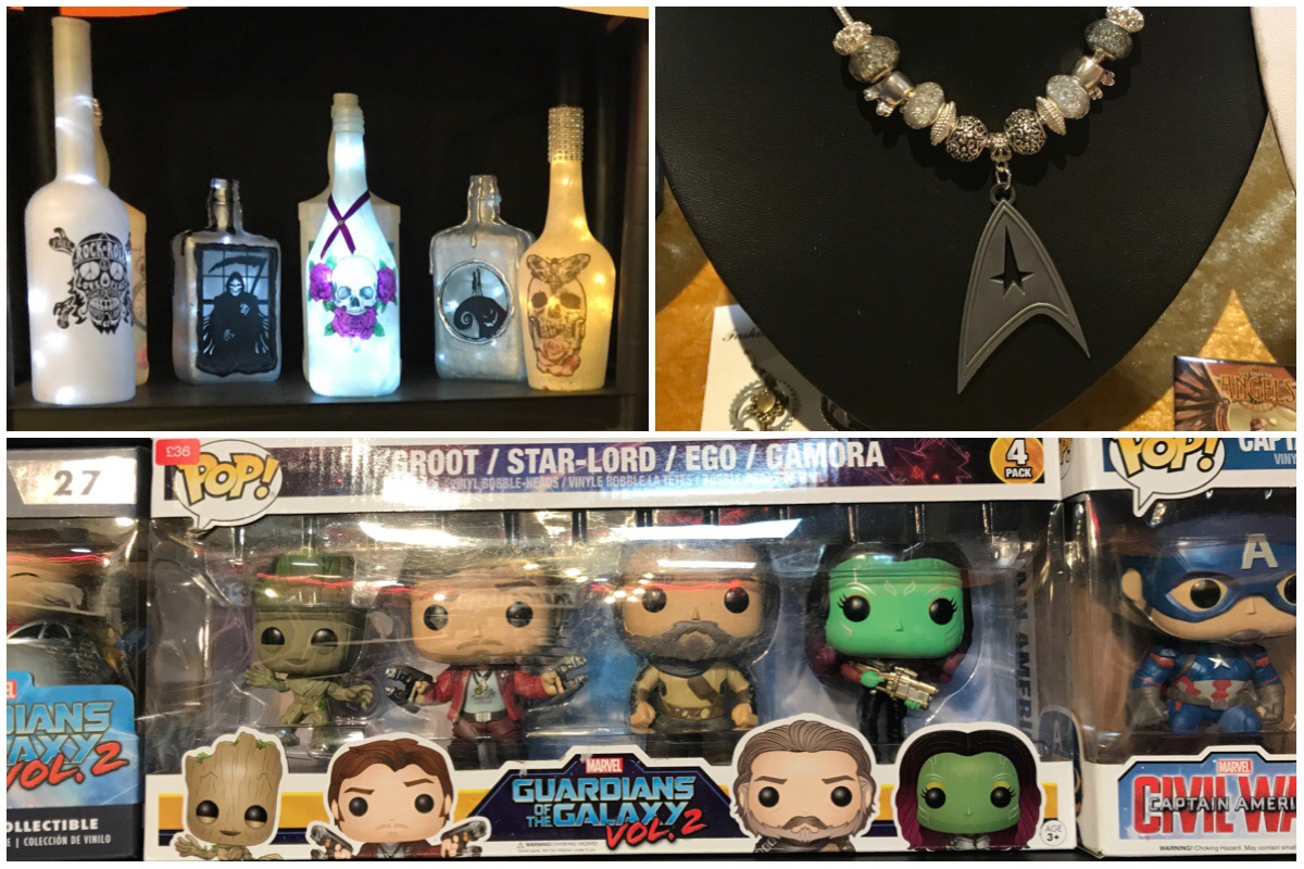 Triple photo of light bottles, Star Trek necklace and Guardians of the Galazy Pop Vinyls on sale at Sci Fi Weekender