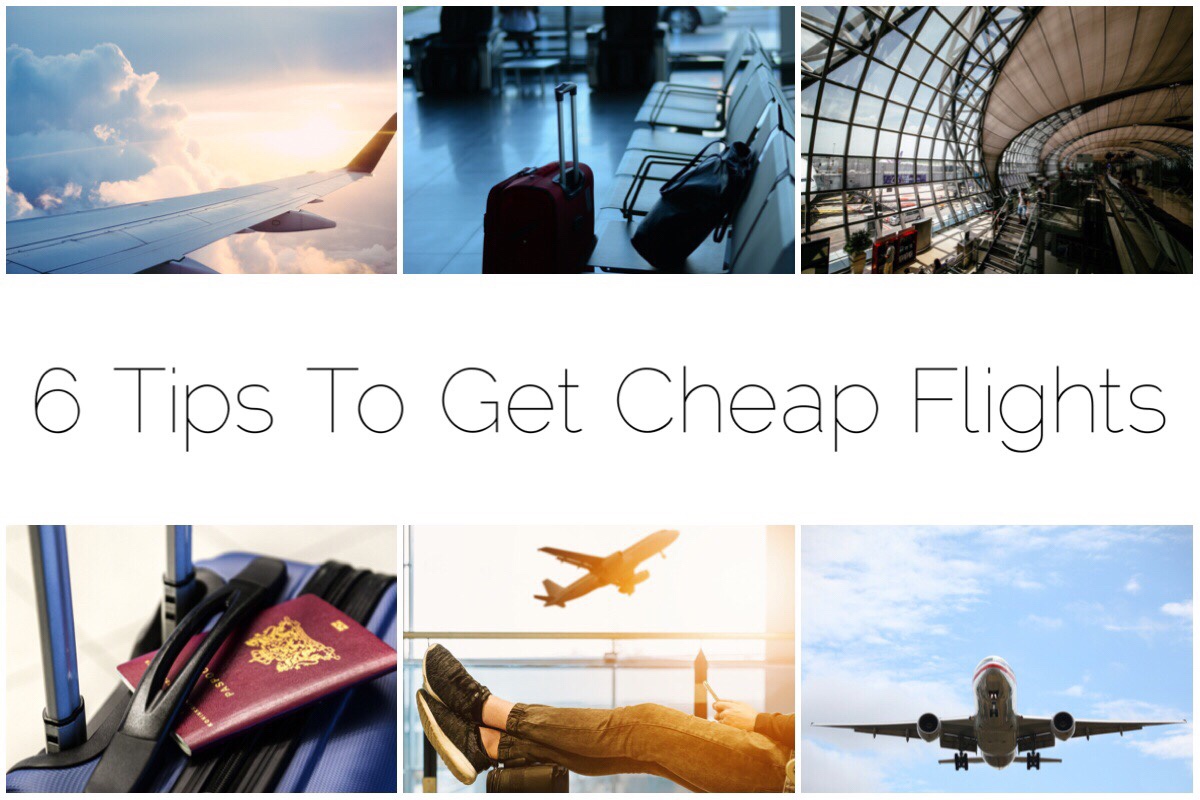 Cheap Flights header image - six different thumbnail images of airplanes, suitcases and airport scenes