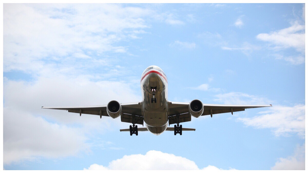 Airplane mid flight against a blue sky