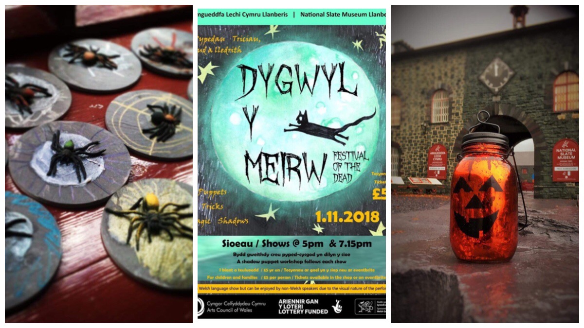 From left to right - Halloween slate crafts, poster for the event, and a jar painted as a pumpkin in front of the Slate Museum entrance