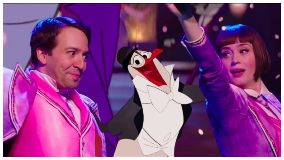 Lin-Manuel Miranda and Emily Blunt as Jack and Mary Poppins dancing with an animated penguin