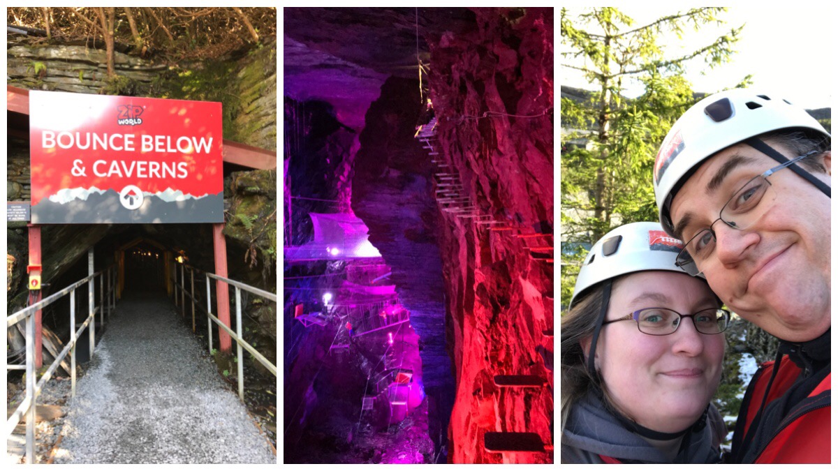 Three images from our Zipworld adventures including the entrance to Bounce Below, a photo of slate caverns and the husband and I in our Titan gear