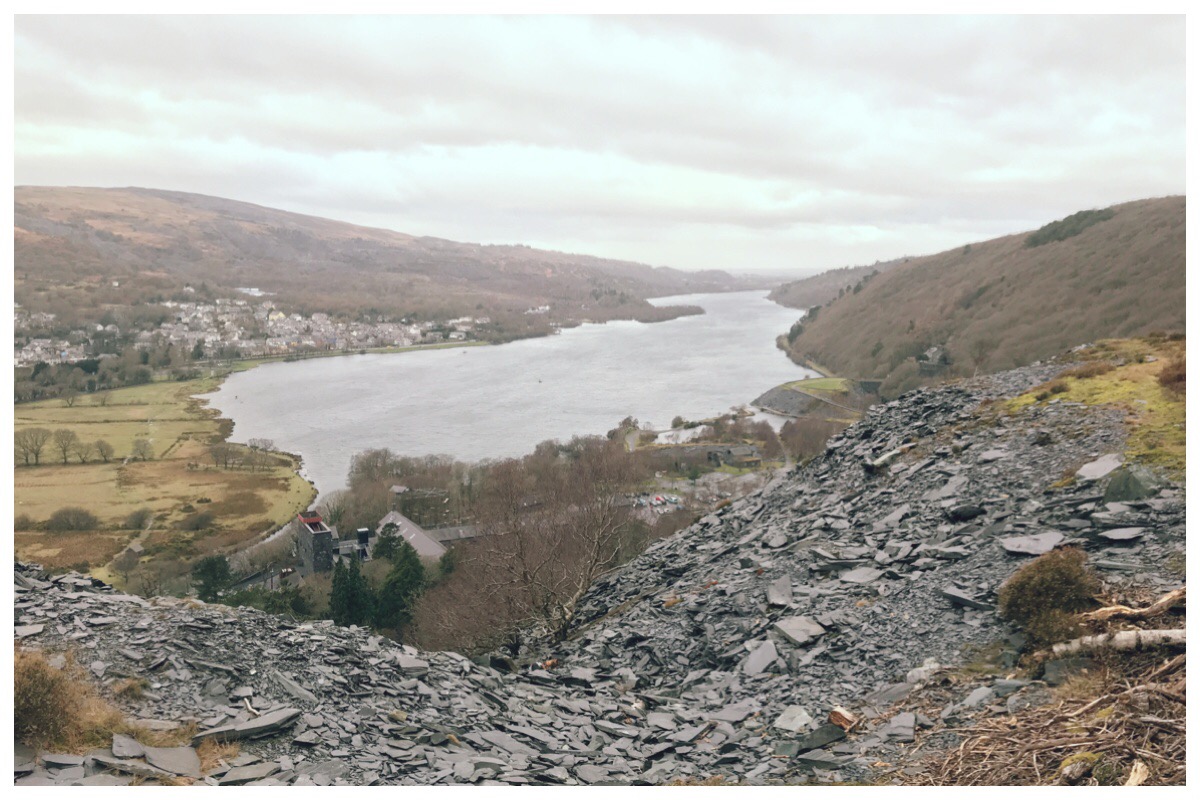The view of Padarn Lake from the Dinorwig Quarry walk with slate slag heaps in the foreground