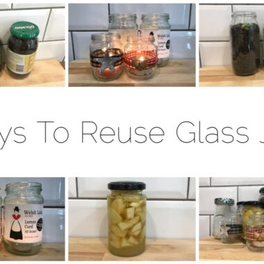 Six images of glass jars being reused