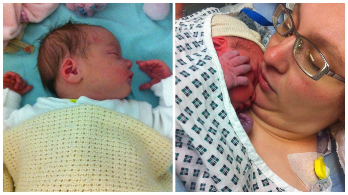 On the left a photo of my newborn asleep in the hospital cot / on the right a photo of me holding her