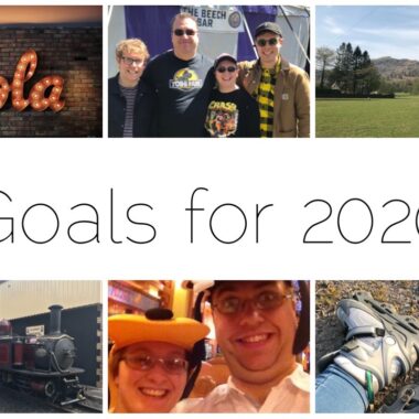 Thumbnails of some of my goals for 2020 - from top left "hola" to represent learning Spanish, the husband and I at Machynlleth, the view from Allen Bank in the Lakes, rollerblades, husband and I at Disney and a beautiful steam train