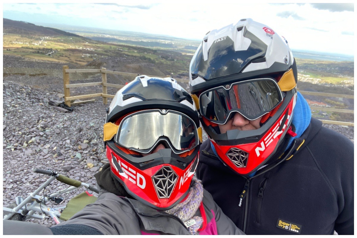 Husband and I wearing our helmets ready for Zip World's Quarry Karts