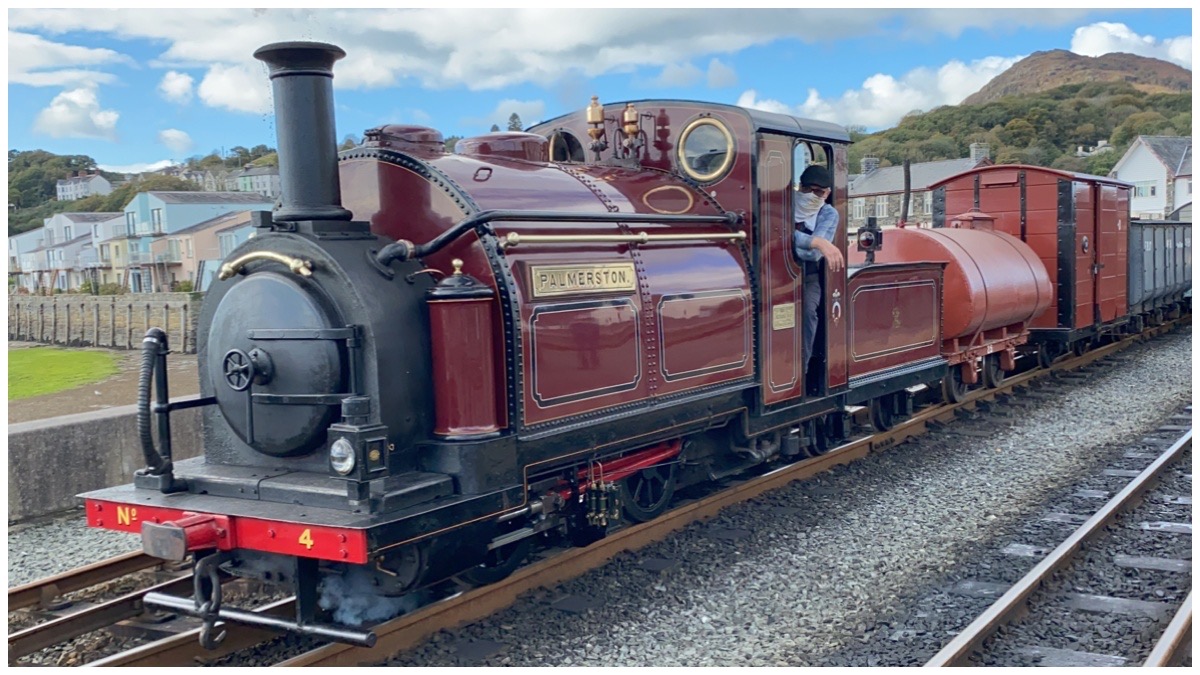 Ffestiniog & Welsh Highland Railways' Palmerston with goods train leaving Harbour Station Porthmadog
