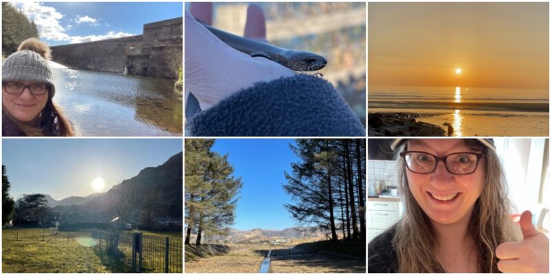 Six photos from March 2022. From top left to right: Rebecca at Tanygrisiau Dam, slow worm found on the Cob, sunset at Dinas Dinlle, Bottom left to right: sunset behind the Moelwyn as seen from the park at Oakley Square, the view from the far outlet of Tanygrisiau Dam (tadpole spotting) and Rebecca giving a thumbs up before a day of filming at the Ffestiniog Railway