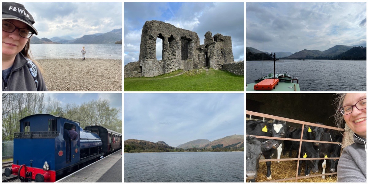 Top L-R: Selfie at Ullswater, Kendal Castle, the view from Ullswater Steamers Bottom L-R: Ribble Steam Railway, view of Grasmere, selfie with some cute cows!