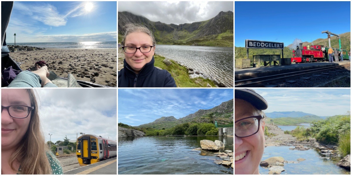 Top L-R: view at Dinas Dinlle beach, selfie at Cwm Idwal and Russell out on test at Beddgelert Bottom L-R: selfie at Pwllheli train station, the view of Dolrhedyn, a post swim selfie at Afon Cwmorthin