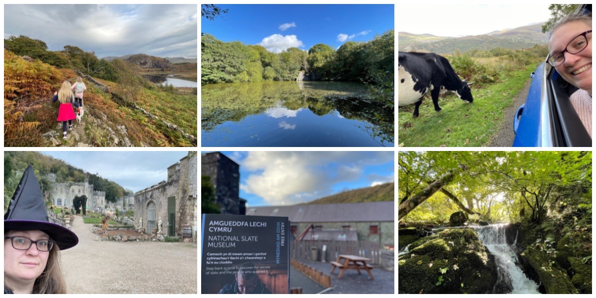 Top L-R: kiddos walking around Llyn Ystradau, lake at Coed Doctor Llanberis, selfie with a cowBottom L-R: selfie at Gwrych whilst wearing a witches hat, National Slate Museum, waterfall at Coed Doctor Llanberis