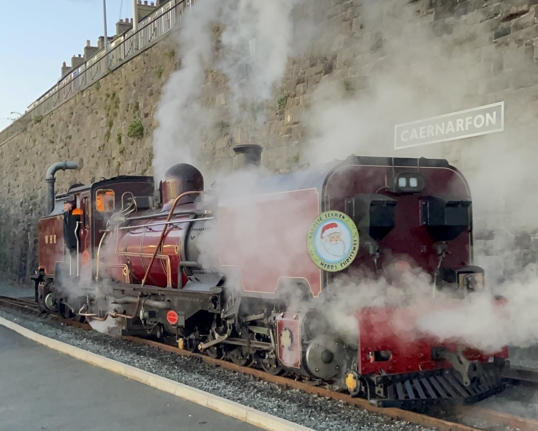 Garratt 130 hauling the WHR Santa trains - steaming at Caernarfon Station