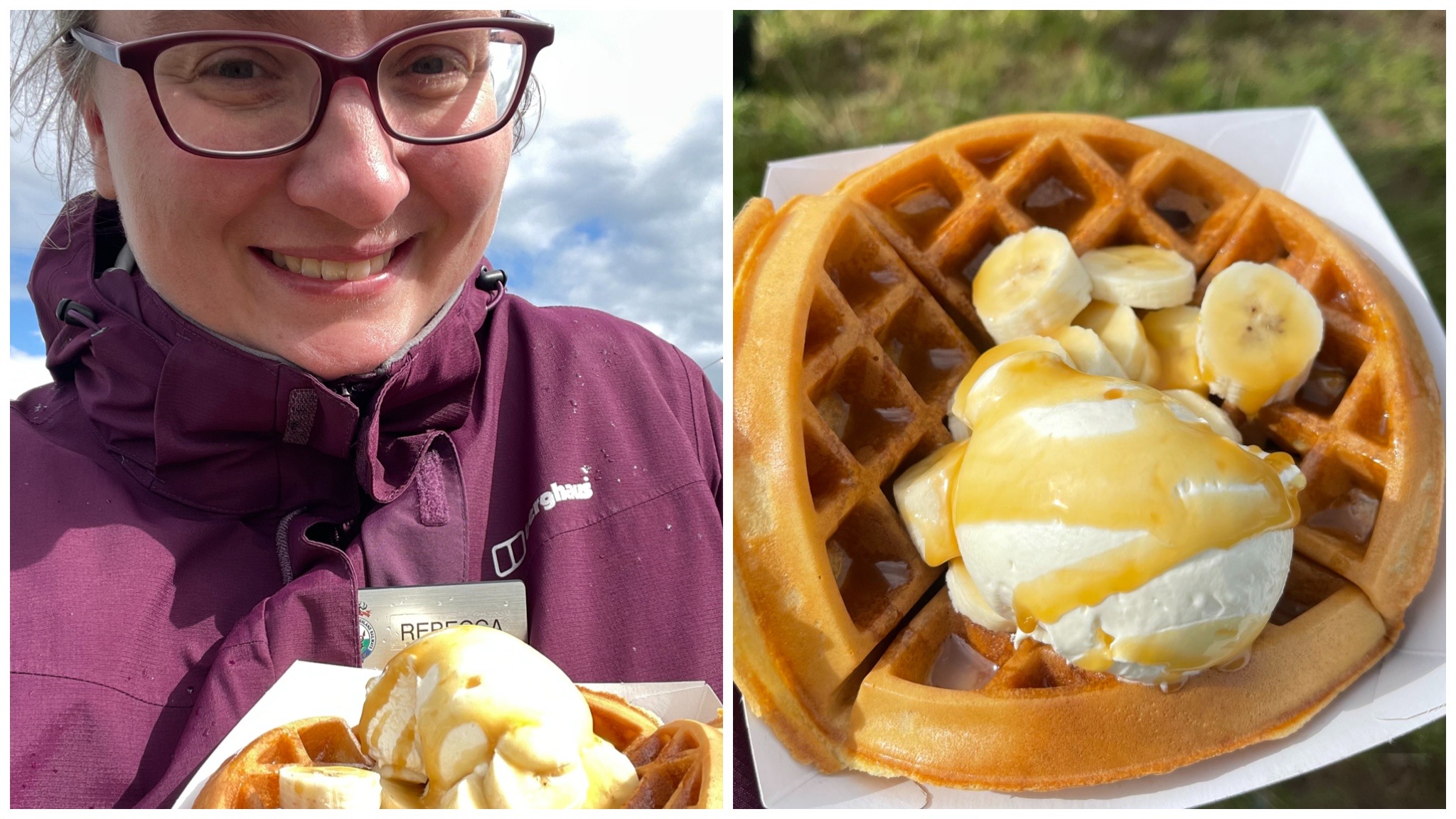 Two photos - one of Rebecca holding the Banoffee waffle and one of the waffle itself