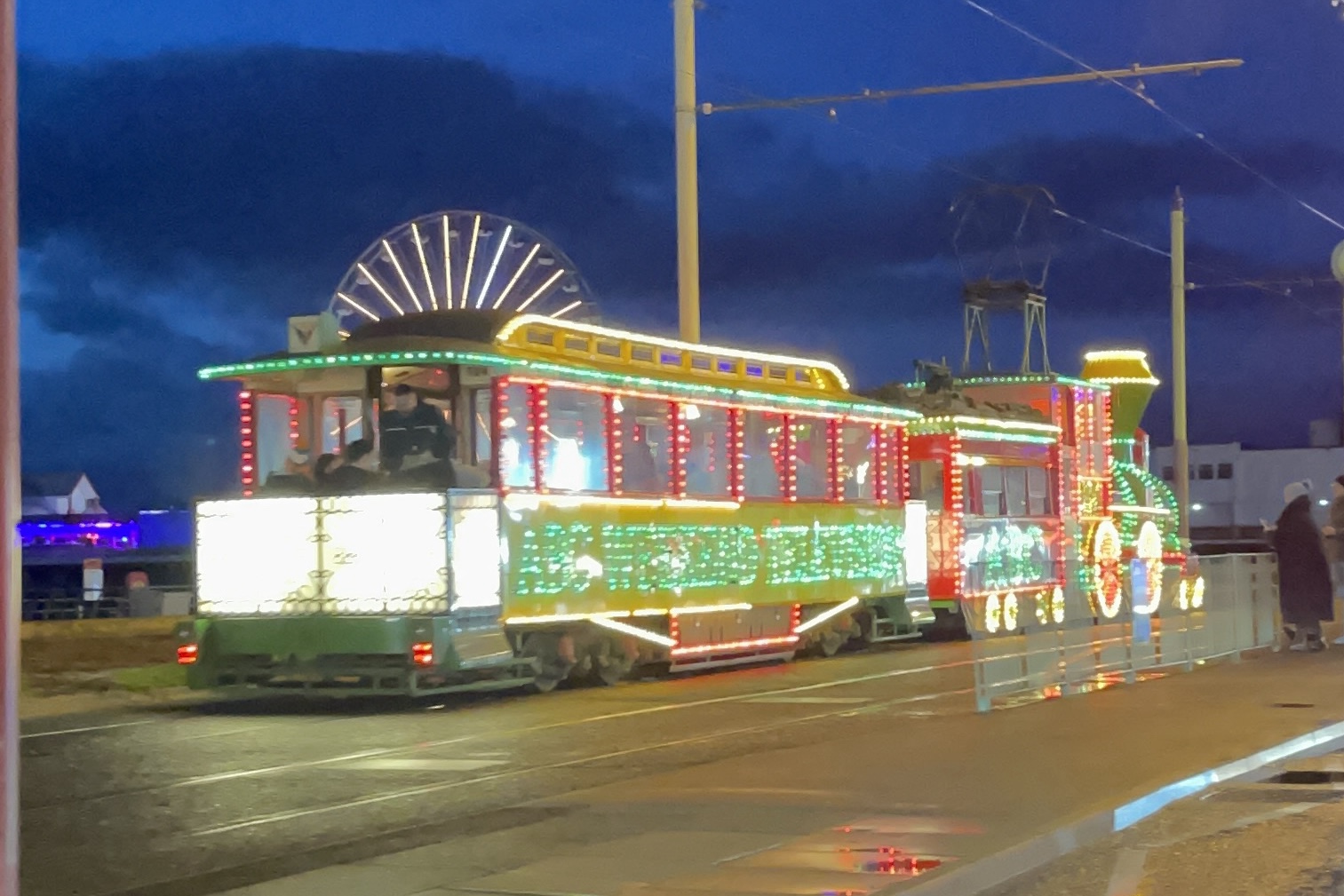 A Blackpool tram dressed up as a train during the illuminations