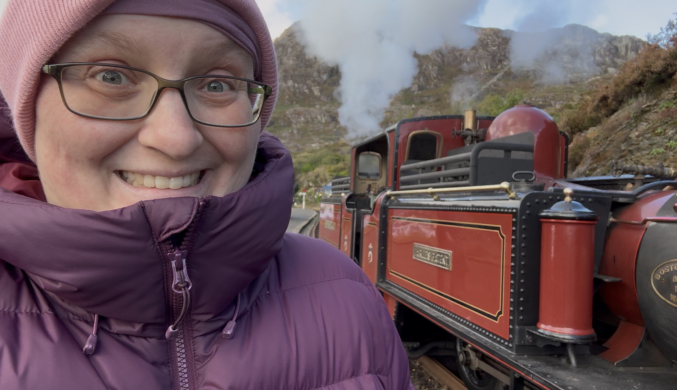Rebecca selfie with David Lloyd George loco in the background during 2026 Victorian Weekend on the Ffestiniog Railway